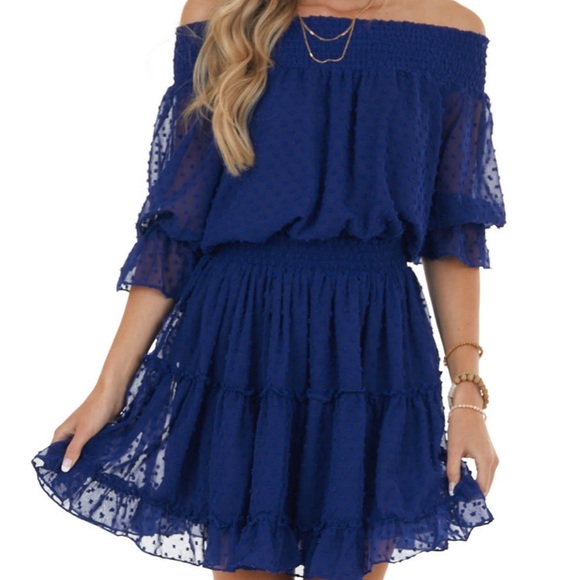 Limelush Dresses & Skirts - Limelush Navy Off the Shoulder Swiss Dot Dress